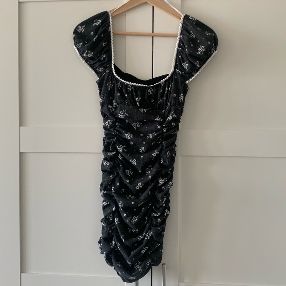 Urban outfitters black with white flowers ruched off the shoulder dress
